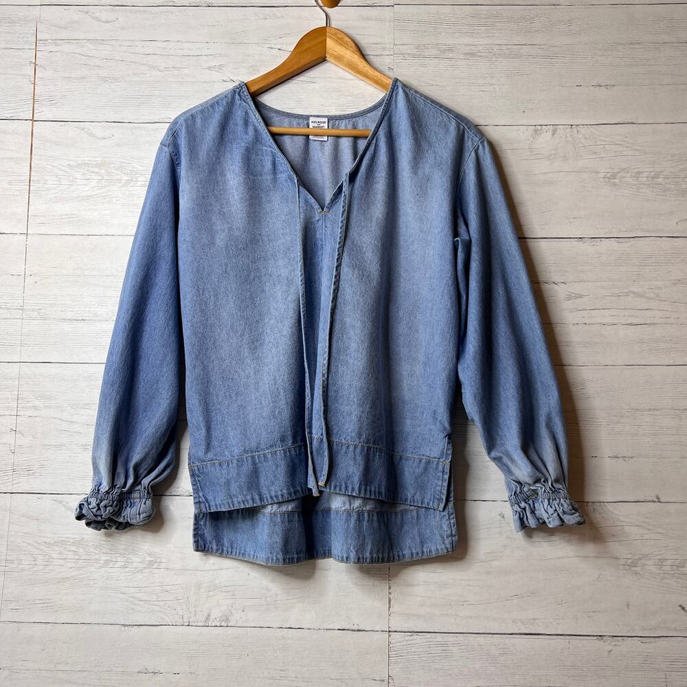 Melrose and Market Top Womens SZ XS Light Chambray Tie Neck Long Sleeve Cotton